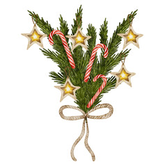 Christmas bouquet with candy canes and star ornaments, watercolor illustration isolated on white.
