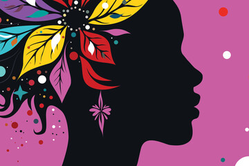 Colorful floral afro woman silhouette profile on vibrant magenta background, modern vector illustration celebrating beauty, diversity, creativity and feminine energy with abstract leaves and shapes. © Snezana