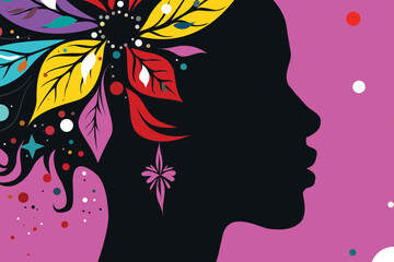 Colorful floral afro woman silhouette profile on vibrant magenta background, modern vector illustration celebrating beauty, diversity, creativity and feminine energy with abstract leaves and shapes.