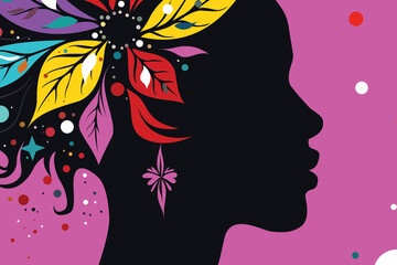 Colorful floral afro woman silhouette profile on vibrant magenta background, modern vector illustration celebrating beauty, diversity, creativity and feminine energy with abstract leaves and shapes.
