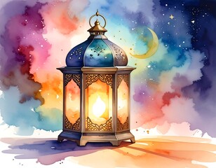 Watercolor depiction of a lit lantern against a starry night