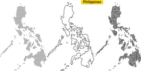 Set of three stylized outline maps of the philippines archipelago showing different dot pattern fills © monasa