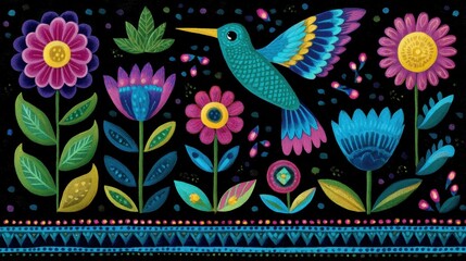 Obraz premium Hummingbird Hovers Near Bright Flowers in Garden Inspired by Aztec Culture, Representing Joy and Connection With Nature