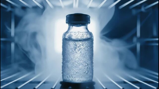 Frosted vaccine vial glowing inside freezer under cold light. Medical service concept  