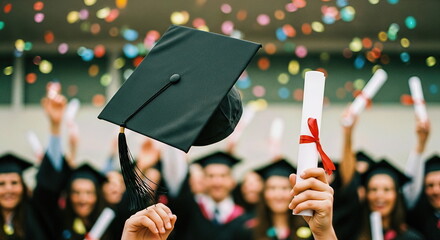 Young academic students celebrate graduation, tossing mortarboards high, holding scrolls with red ribbons. Confetti falls over happy faces, marking educational success and bright futures.