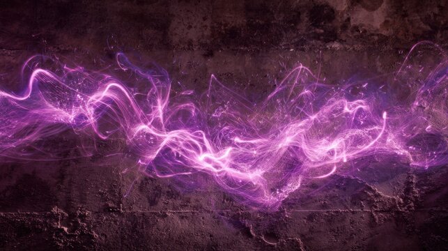 Vivid purple light trails dance across a dark, textured surface, creating a mesmerizing abstract design. This artwork captures energy and movement in a captivating way.