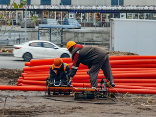 Workers are installing water supply pipeline system with plastic pipes