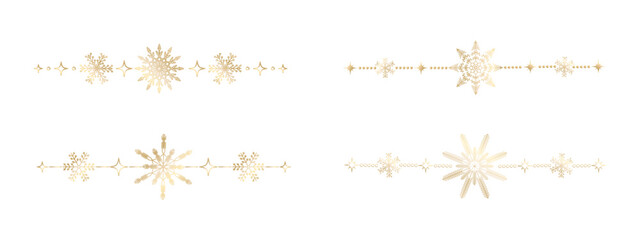 Obraz premium Set of gold Christmas borders featuring snowflakes and stars. Stylish straight ornaments for festive cards, winter packaging, elegant invitations and holiday branding. Vector.