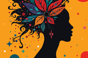 Colorful floral afro woman silhouette profile on bright orange background, modern vector illustration celebrating diversity, feminine power, creativity and joy with abstract leaves, stars and circles.