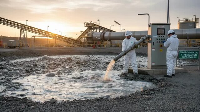 Medium shot showing technicians adding chemical stabilizers to tailings slurry to reduce environmental impact.