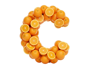 Vitamin C Letter Made of Fresh Oranges and Slices on Transparent Background, Natural Skincare and Health Concept PNG