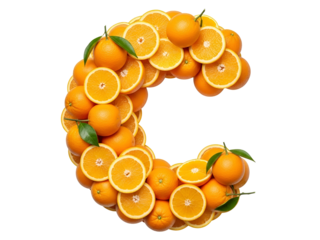 Vitamin C Letter Made of Fresh Oranges and Slices on Transparent Background, Natural Skincare and Health Concept PNG