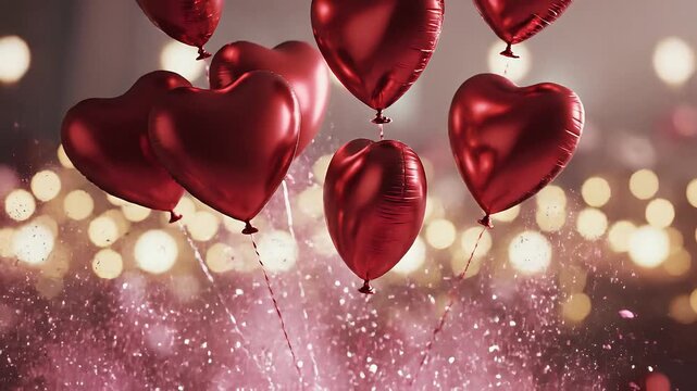 Red Gift Box Exploding with Pink Glitter on Bokeh Background with Ribbon Detailed Close Up