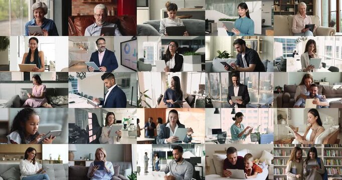 Different people using tablet devices for remote work, study and worldwide communication by personal and business, collage view. Diversity, integration of modern tech in our life, comfort, convenience