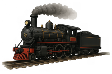 Black steam locomotive pulling a coal tender on railway tracks, generating dark smoke, conveying historical travel and power