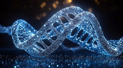 Illuminated dna strand depicted with a network of interconnected nodes on a dark reflective surface