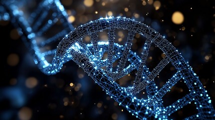 Illuminated dna strand against a dark background with bokeh effect and wireframe structure in detail