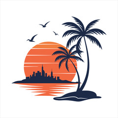 Tropical Sunset Beach Scene with Palm Trees, Birds, and City Skyline Silhouette