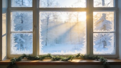 Fototapeta premium A frosted window highlights a tranquil winter landscape with sunlight illuminating snow-covered trees, perfect for holiday-themed designs.