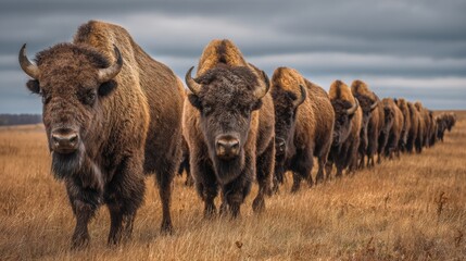 Fototapeta premium Herd of Bison Moves Across Expansive Prairie Land Showcasing the Strength of Community and Their Role in the Ecosystem During a Cloudy Day