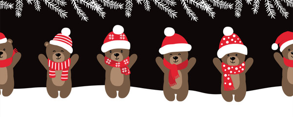 Christmas Seamless Border. Happy Teddy Bears Enjoy Winter Holidays. Funny Baby Bears in Red Hats, Scarves. Cute Toys under Fir Tree Branches. Vector illustration in Red, White, Black