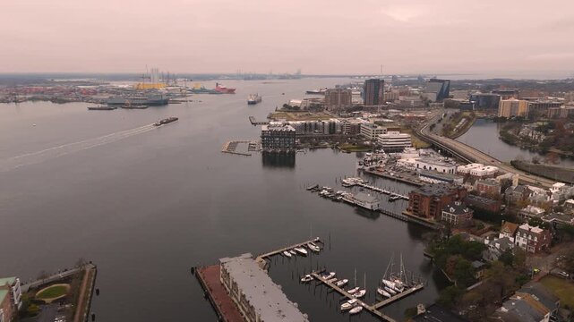 Aerial View of Downtown Norfolk City Center with Historical Neighborhoods and Elizabeth River