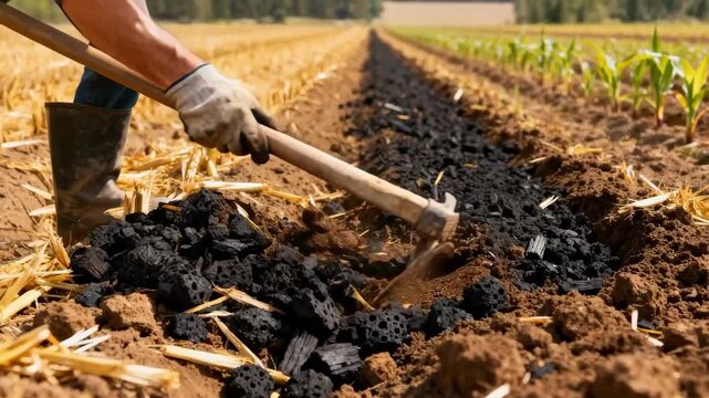 Medium shot focused on biochar being mixed into soil in a farm field showcasing enriched earth ready to boost crop growth through organic amendments.