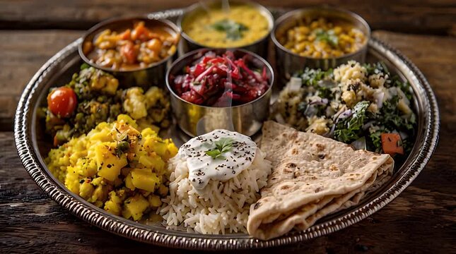 A vibrant Indian thali features various colorful dishes, rice, yogurt, and flatbread on a silver platter