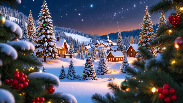A magical snowy Christmas village illuminated by warm lights, with mountains, festive trees, and falling snowflakes, creating a cozy winter holiday atmosphere. - Powered by Adobe
