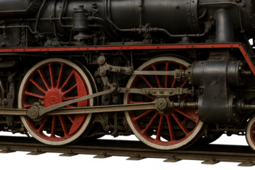 Vintage steam locomotive wheels and connecting rods detailing industrial history, power, and classic engineering on transparent background