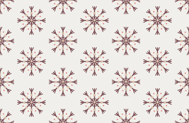 Geometric seamless pattern of snowflakes in soft brown and beige tones, creating a warm winter themed decorative background. Vector art