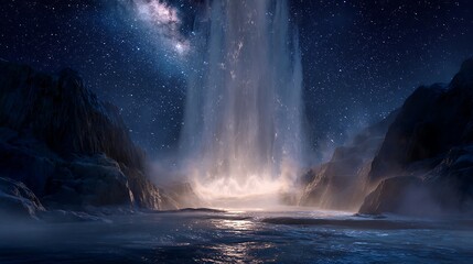 Stunning waterfall cascades under a vibrant, star-filled cosmic night sky