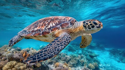 Fototapeta premium Giant Sea Turtle Swims Above Coral Reef Showcasing Ancient Wisdom in Polynesian Culture