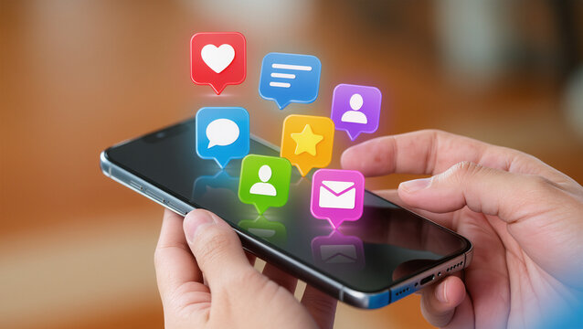 hands of woman using smart phone with notification icons of love, like, message, comment, email, address, shopping, star above smartphone screen, Social, media, Marketing concept - Powered by Adobe