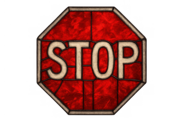 Stained glass stop sign with red octagon shape, showing a warning symbol for traffic control and road safety