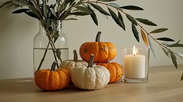 Pumpkins, candles, and autumnal elegance adorn a rustic table setting in a serene 4K UHD scene capturing the essence of cozy comfort food traditions, perfect for cooking show backgrounds or.