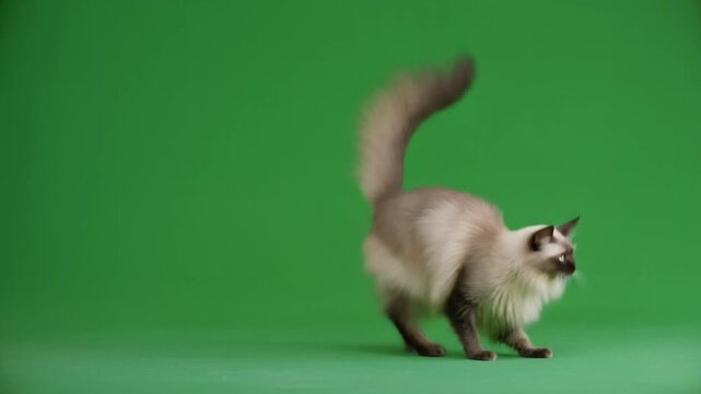 Domestic feline cat greenscreen cute animal studio isolated chromakey realistic footage with alpha background for professional video editing advertising and digital media