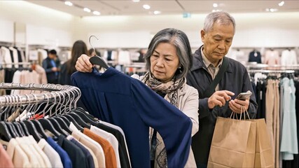 Senior Asian couple shopping clothes. Woman examines a blouse, while man uses phone. Retail therapy, leisure time, modern lifestyle. Family, mature adults, browsing fashion.