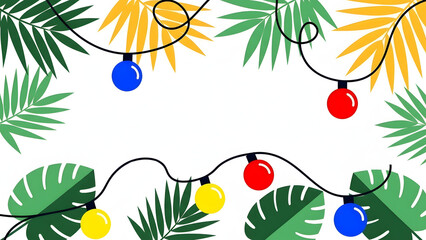 Palm leaves and lights on white background in vibrant colors