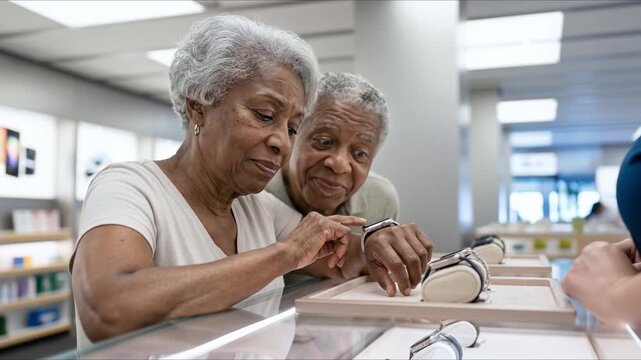 Senior couple examining smartwatch features. Attentive woman learns new tech with helpful assistance. Curious husband watches closely. Modern electronics shopping experience. Tech support for seniors.