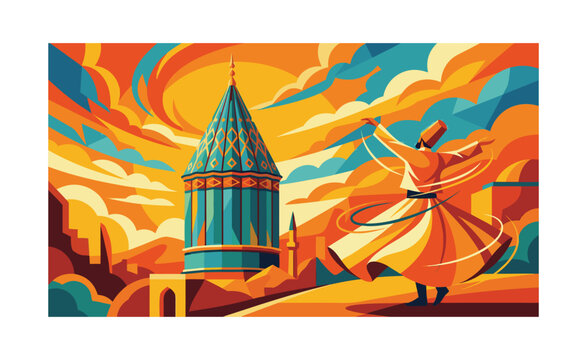 Mevlana Mausoleum and Whirling Dervish, Konya City, colors vector illustration and Şebi arus typography