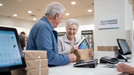 Smiling senior couple at tech store checkout. Elderly man uses tablet, woman examines purchase. Enjoying tech rewards program. Happy retirement lifestyle, modern shopping experience.