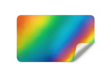 Holographic sticker rectangle with rainbow gradient and peeled corner, showing metallic texture on transparent background