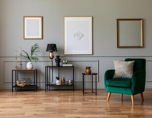 Stylish and luxury living room of apartment interior with elegant green armchair, retro tables, design lamps, chic accessories and gold mirror. Mock up frames on the molding gray wall. Home decor