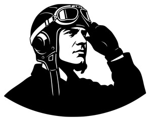 A black and white illustration of a pilot saluting with goggles on, black, earphone, goggles, head, helmet, illustration, man, pilot, profile, wear, against transparent background © Guli Studio