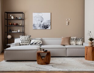 Stylish composition of living room interior with design black commode, a lot of plants, mock up poster map, decoration and elegant personal accessories. template. Modern home decor