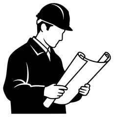 engineer, hard hat, studying blueprints, black and white illustration, technical drawing, architectural design, technical schematic
