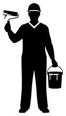 painterly, dramatic lighting, high contrast, gritty, industrial, worker, silhouette, hardhat, paint roller, tool, bucket
