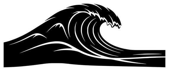 A black and white silhouette of a large wave, black, illustration, image, logo, profile, sea, wave, against transparent background