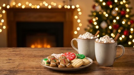 Christmas Hot Cocoa and Cookies by Fireplace – Cozy Holiday Treats with Gingerbread and Festive Lights